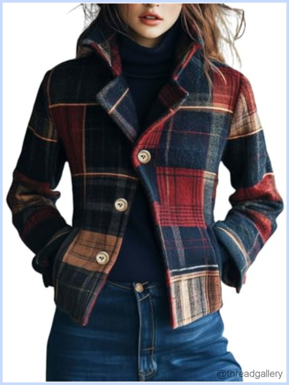 Women Short Plaid Wool Blend Jacket Crop Pea Coat Slim Fit Button Down Winter
